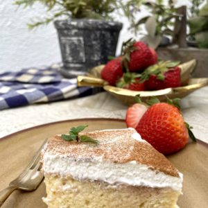 A sponge cake soaked with three milks and then topped with whipped cream. The plate has a serving with a strawberry sliced up. In the background, there is a bowl of strawberries, the Hamilton Beach Mixer and some planters for aesthetics. 